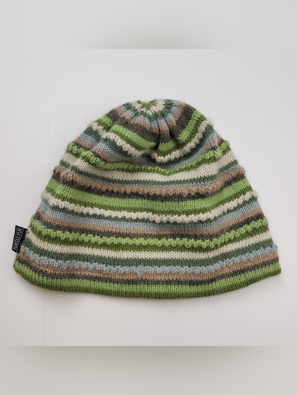 VTG Turtle Fur Striped Winter Hat Beanie Green Cream Gorpcore Unisex
